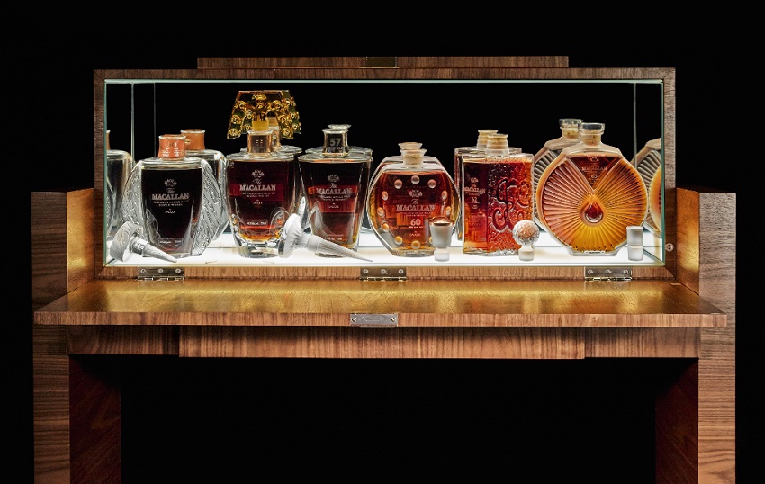 A complete set of The Macallan 50 Year, Lalique Edition Six Pillars Collection, housed in  a custom-made cabinet and valued at £300,000 - £450,000