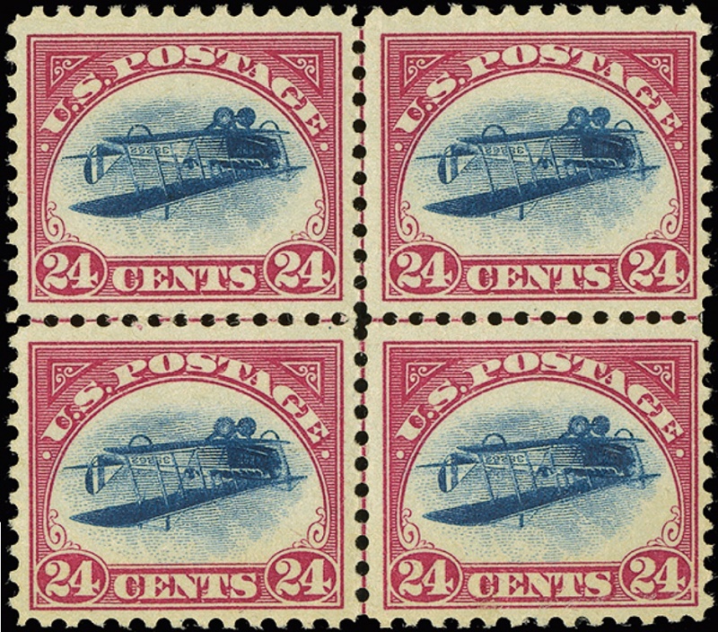 The unique centreline block of four Inverted Jenny stamps, estimated at $2-$3 million