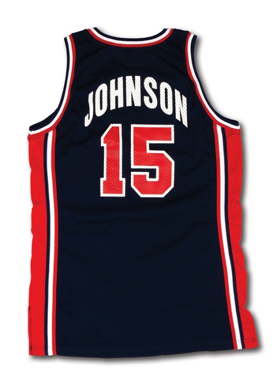 Magic Johnson's 1992 Barcelona Olympics basketball jersey, photo-matched to the USA's quarter-final victory against Puerto Rico