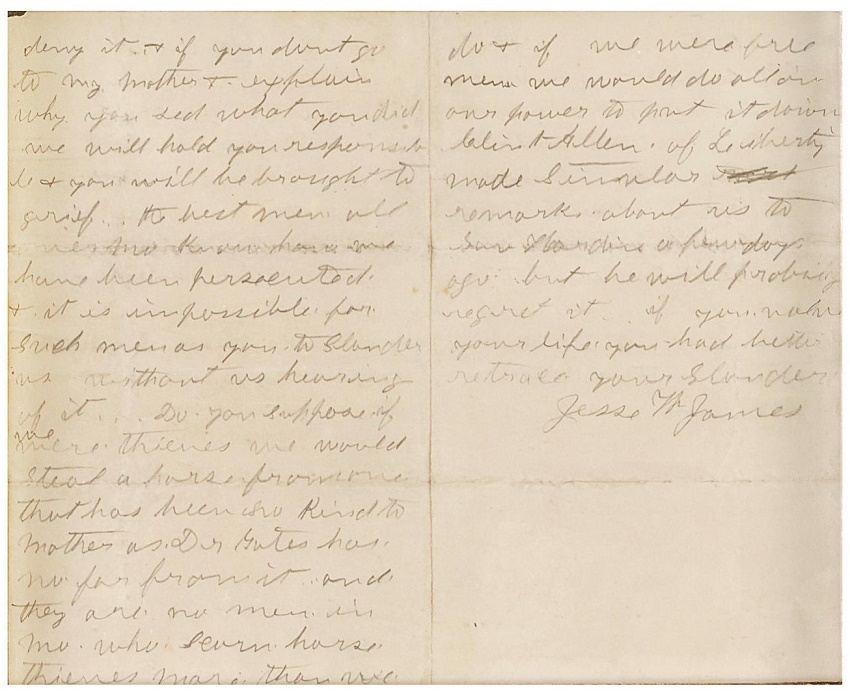 Jesse James' handwritten letter, denying accusations of being a horse thief