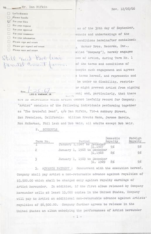 The 14-page document marks the start of a recording career which saw Grateful Dead sell 35 million albums around the world (Image: Julien's Auctions)