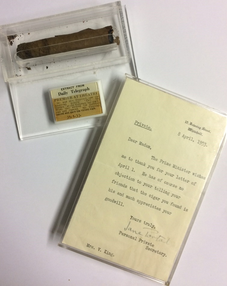 Violet King had the cigar and the letter encased in plastic to preserve them, more than half a century before it became standard practice throughout the collecting hobby (Image: Hanson's)