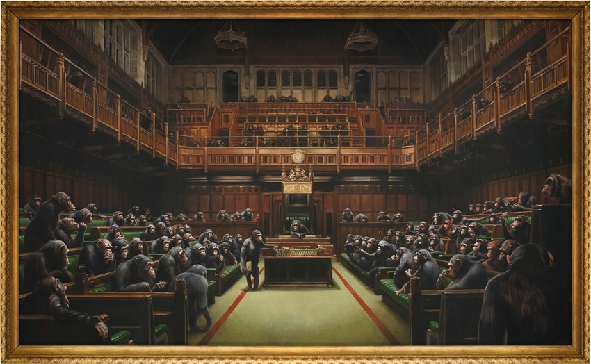 Devolved Parliament by Banksy (2009), sold at Sotheby's for £9,879,500 (Images: Sotheby's)