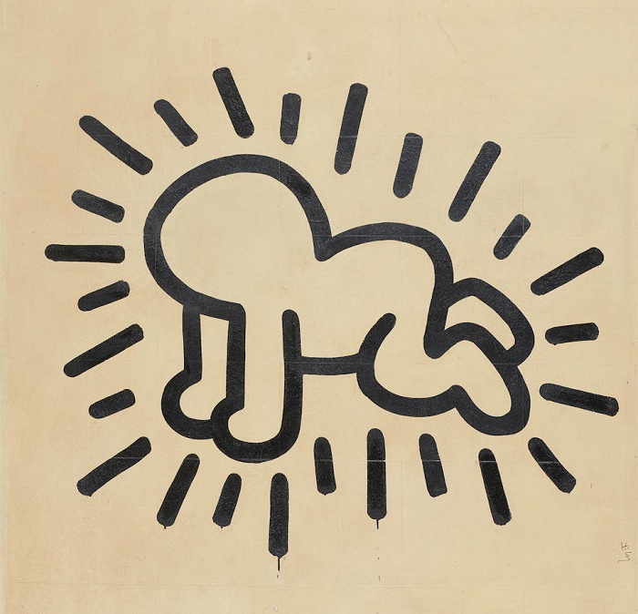 Haring began the mural with the 'radiant baby', one of his most iconic figures that appears throughout his work (Image: Bonhams)