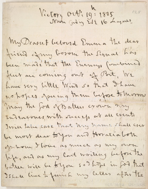 Lord Nelson's last unfinished letter to Lady Hamilton, discovered in his cabin aboard the H.M.S. Victory after his death at the Battle of Trafalgar.