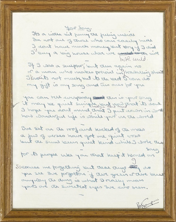 The original handwritten working lyrics to Your Song (1970), est. $175,000 - $275,000 (Image: Bonhams)