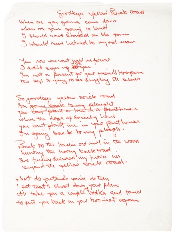 The original handwritten working lyrics to Goodbye Yellow Brick Road (1973), est. $150,000 - $250,000 (Image: Bonhams) 