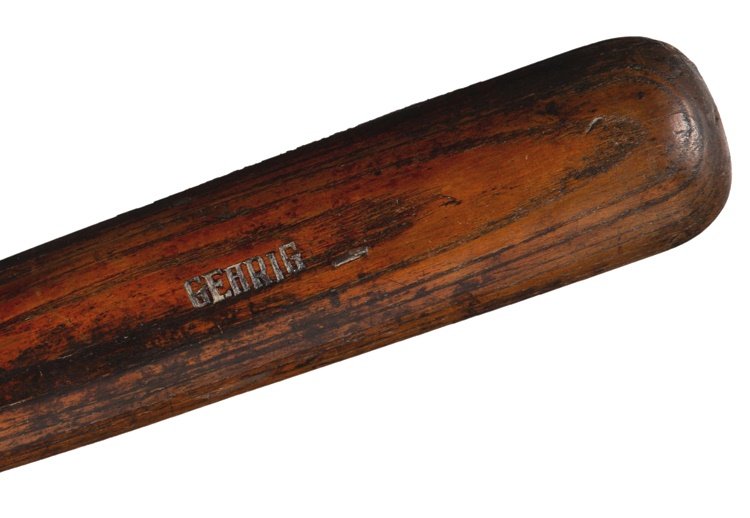 Lou Gehrig's game-used bat, circa 1922-24, bearing his name on the barrel in block letters (Image: Heritage Auctions)