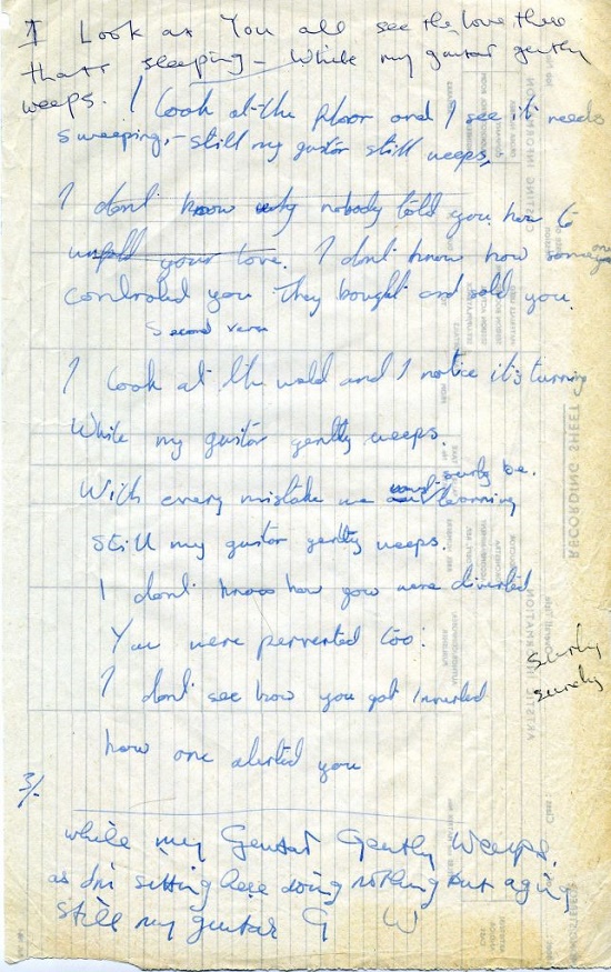 The lyrics to While My Guitar Gently Weeps, handwritten by George Harrison and Ringo Starr (Image courtesy of Moments in Time)