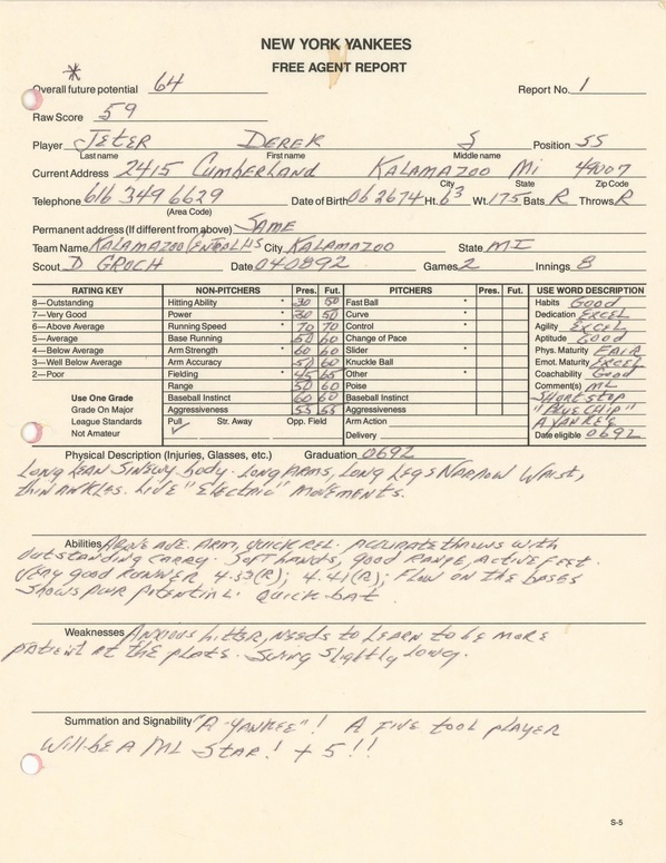 Derek Jeter's original 1992 high school scouting report for the New York Yankees (Image: Goldin Auctions)