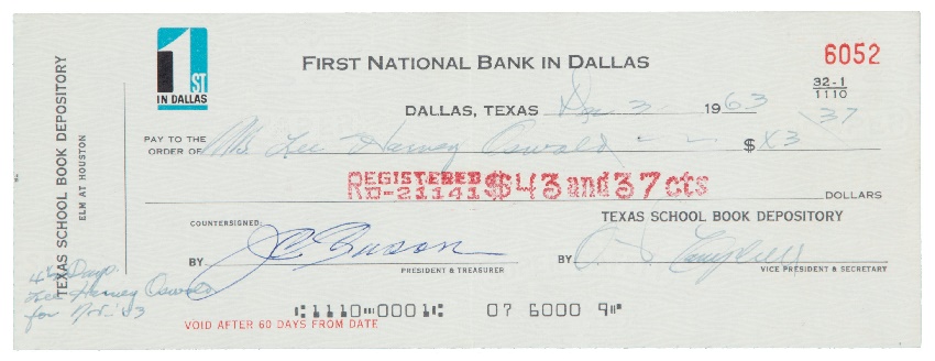 Lee Harvey Oswald's final paycheque from the Texas Book Depository (Image: Heritage Auctions)