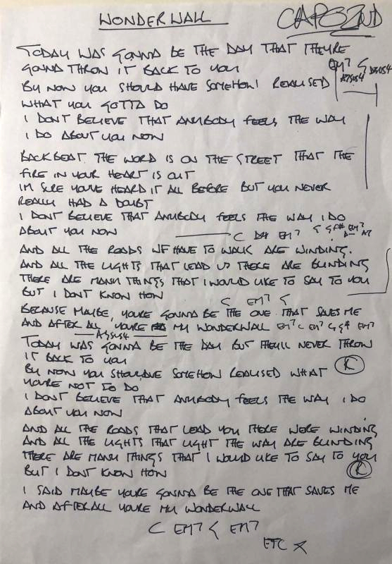 Noel Gallagher's handwritten lyrics for the Oasis song Wonderwall (Image: Omega Auctions)