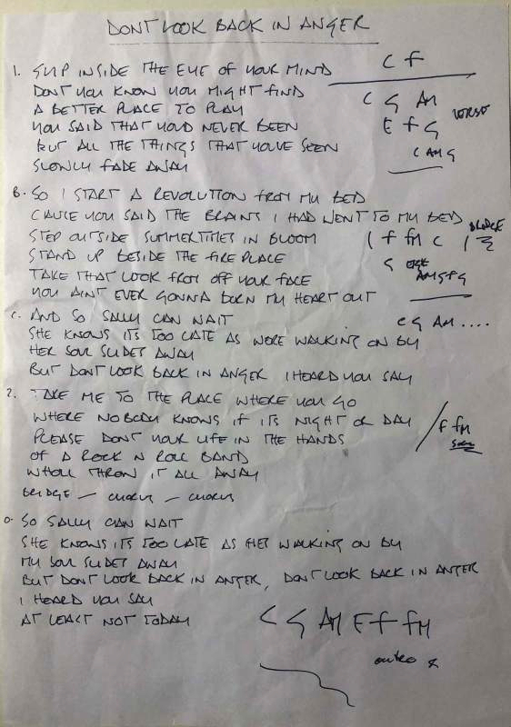  Noel Gallagher's handwritten lyrics for the Oasis song Don't Look Back in Anger (Image: Omega Auctions) 