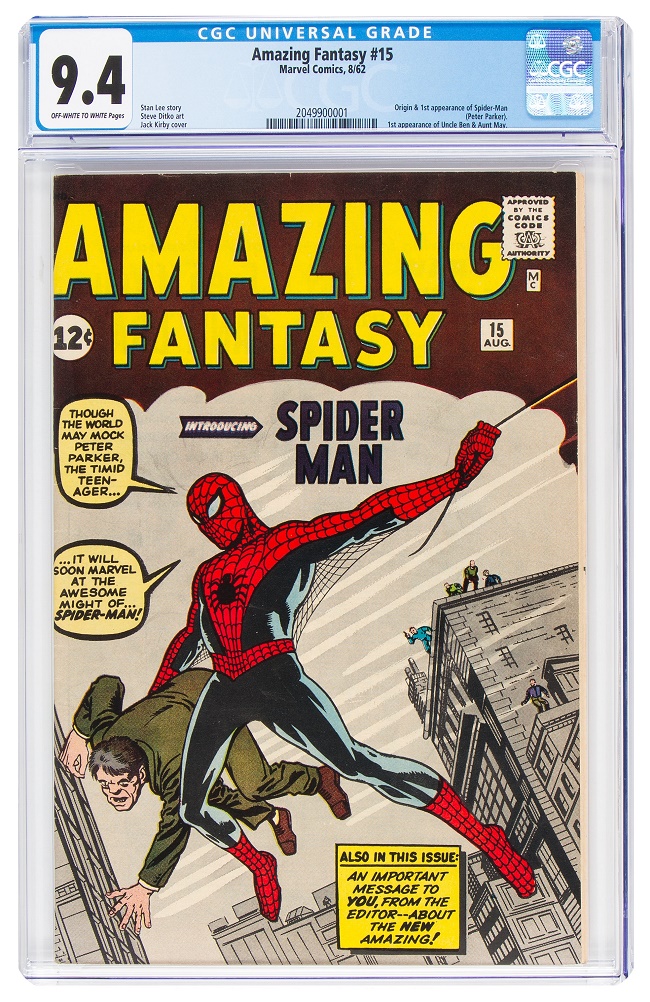 A copy of Amazing Fantasy #15, featuring the 1962 debut of Spider-Man, graded CGC 9.4 (Image: Heritage Auctions)
