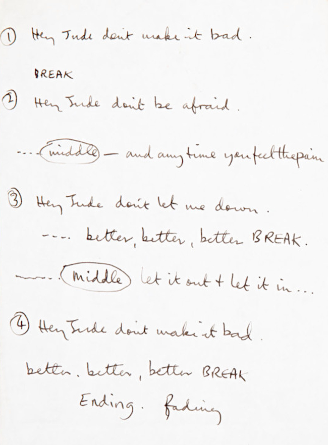 Paul McCartney's handwritten lyric sheet for 'Hey Jude', used during the recording of the song at Abbey Road studios in July 1968 (Image: Julien's Auctions)