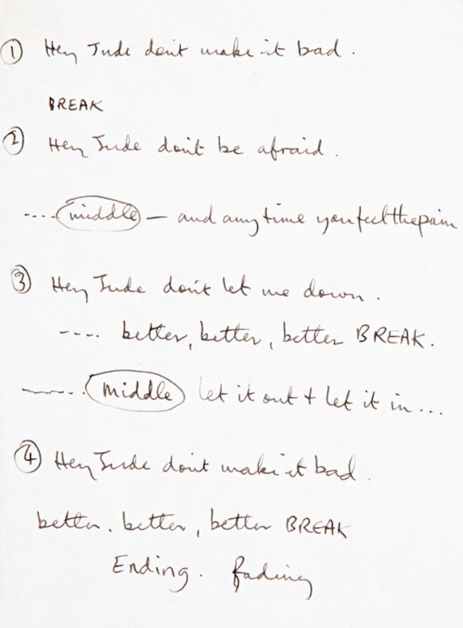 Paul McCartney's handwritten lyrics to “Here, There and Everywhere