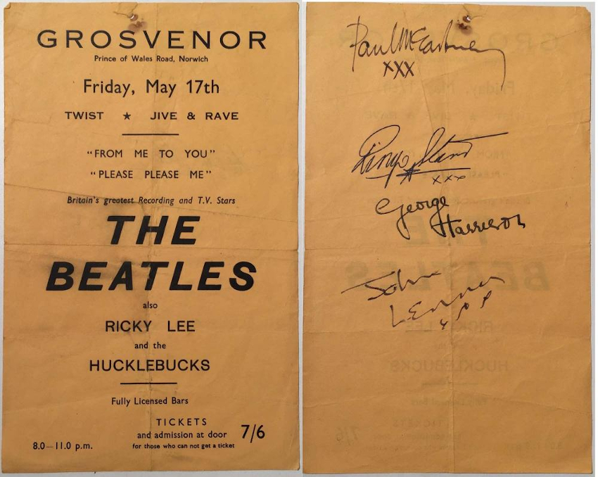 Notable autographed items include this fully-signed flyer from a show at the Grosvenor Rooms, Norwich in May 1963 (Image: Omega Auctions) 