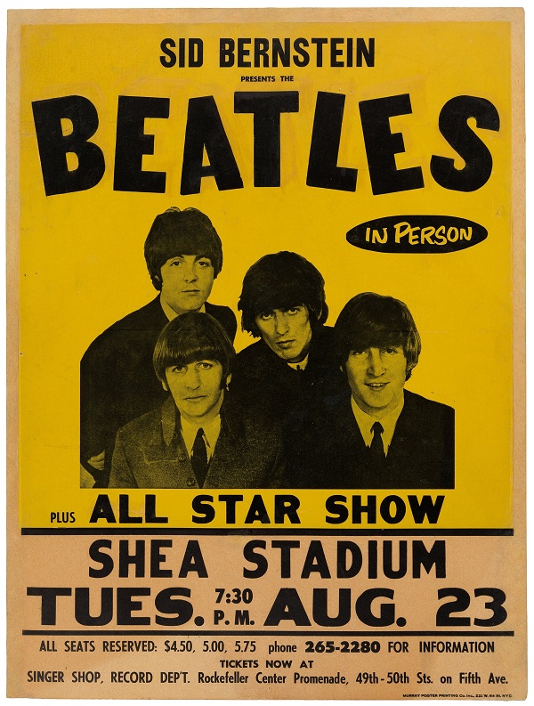 There are less than six genuine Beatles Shea Stadum posters in existence, and the last copy sold in November 2019 for $125,000 (Image: Heritage Auctions)