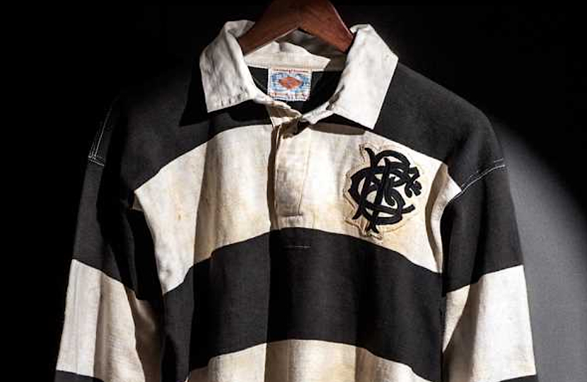 Gareth Edwards' Barbarians rugby jersey, worn as he scored 'that try' again New Zealand in 1973.