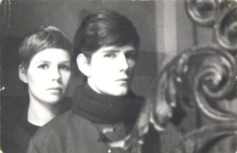 a black and white photograph shows Stuart Sutcliffe with his partner Astrid Kirchherr, who took the picture.