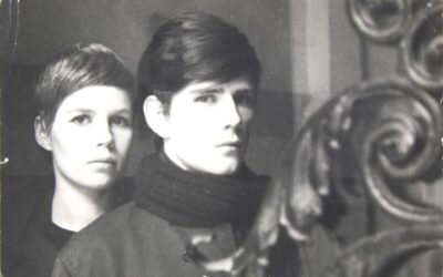 a black and white photograph shows Stuart Sutcliffe with his partner Astrid Kirchherr, who took the picture.