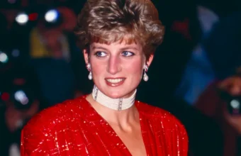 Princess Diana wears a red silk gown by Bruce Old