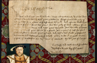An image of a 1513 document signed by Henry VIII alongside a portrait of the king.