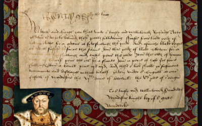 An image of a 1513 document signed by Henry VIII alongside a portrait of the king.