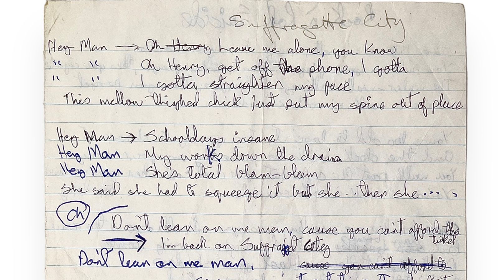 Lyrics to David Bowie's Suffragette City, handwritten by the singer, are due to go on sale.