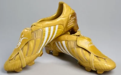 A pair of golden boots worn by David Beckham for his 100th England cap
