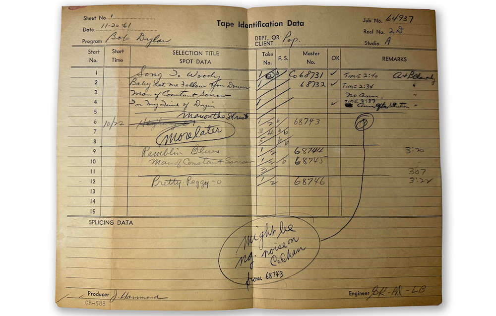 Notes from the rediscovered master tapes from Bob Dylan's firstt album.