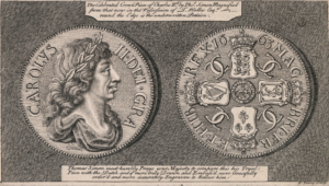 Engraving of both sides of a Charles II Petition Coin.