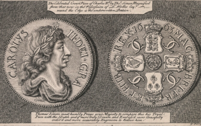 Engraving of both sides of a Charles II Petition Coin.