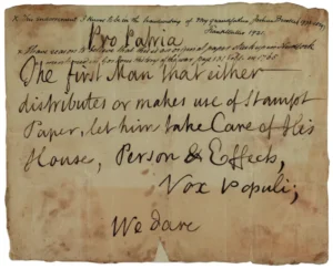 a protest placard against the British stamp act that was posted in New York in 1765