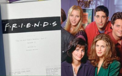 A script for the TV sitcom Friends alongside a picture of the cast.