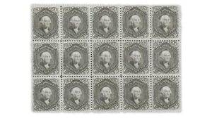 a block of 15 1868 gray lilac George Washington stamps with f grills