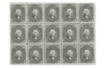 a block of 15 1868 gray lilac George Washington stamps with f grills