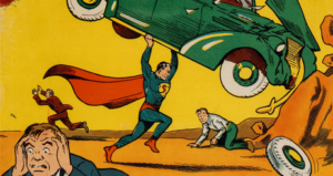 Detail from the cover of Action Comics #1 showing Superman in action for the first time.