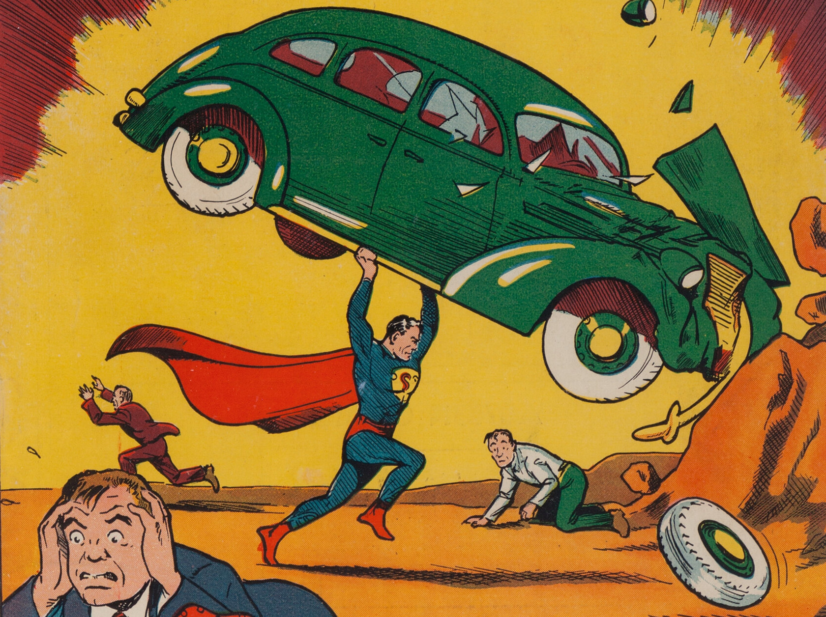 A detail of the cover of Action Comics Number 1 shows Superman lifting a car.