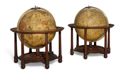 A pair of historic globes from the 17th century.