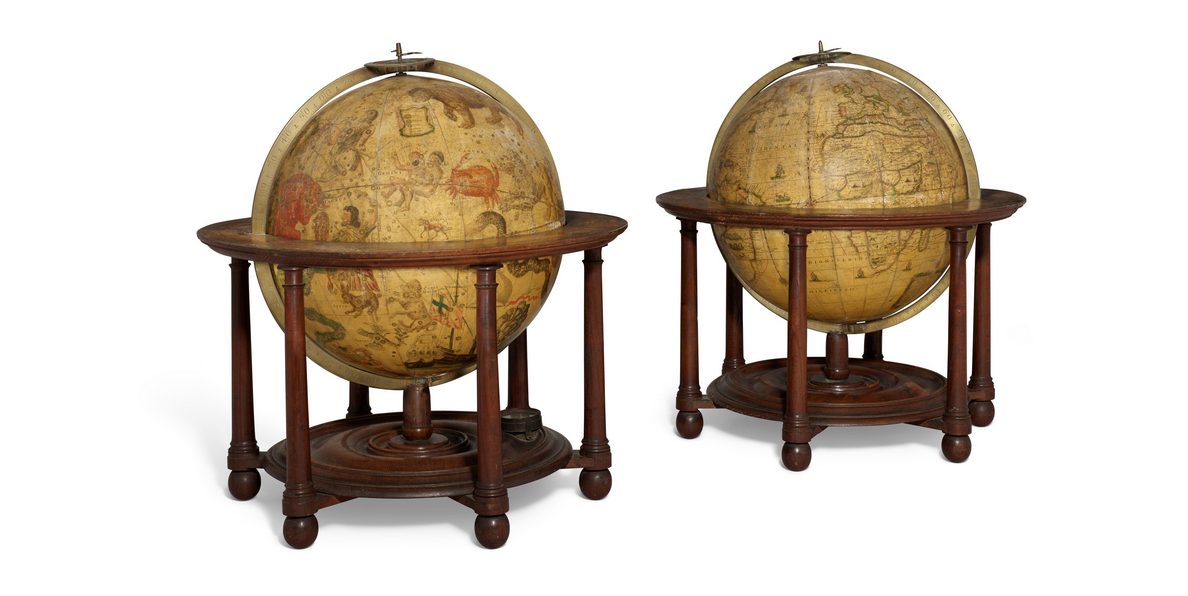 A pair of historic globes from the 17th century.