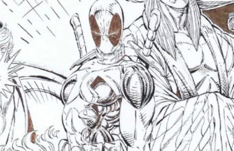 Close up of cover art from New Mutants #98 featuring debut of Deadpool.