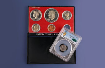 Proof set of US coins featuring a rare error dime from 1975.