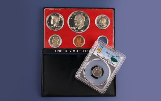 Proof set of US coins featuring a rare error dime from 1975.