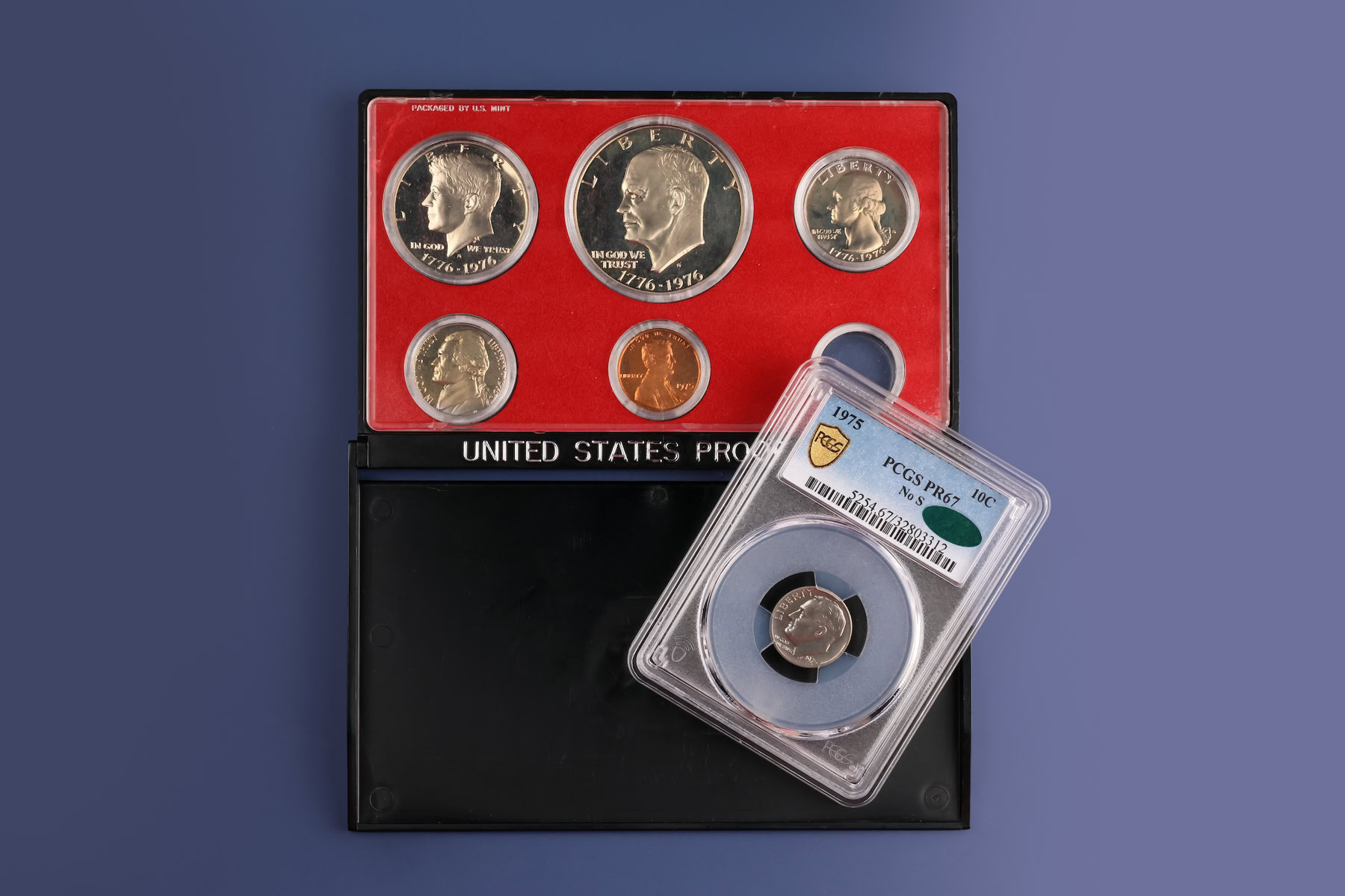 Proof set of US coins featuring a rare error dime from 1975.