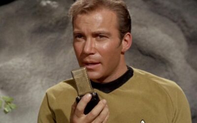 William Shatner as Captain James T Kirk in Star Trek.