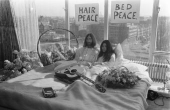 John Lennon with his wife Yoko Ono at the Amsterdam "bed-in" in 1969.