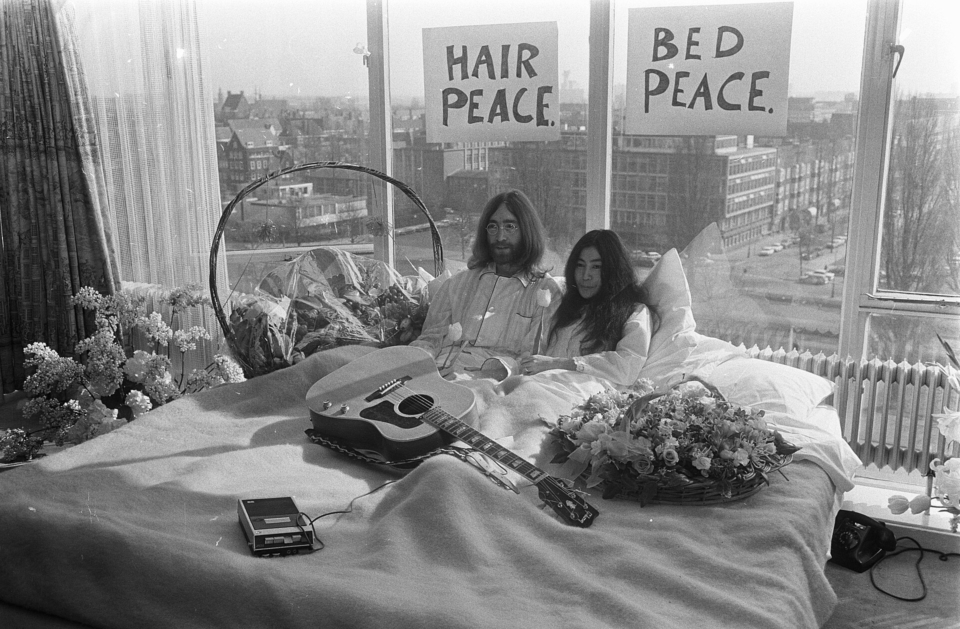 John Lennon with his wife Yoko Ono at the Amsterdam "bed-in" in 1969.