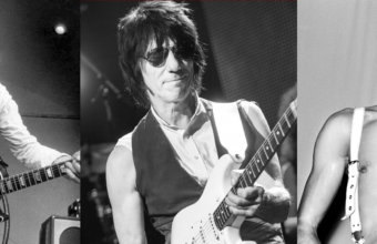 Composite of three portraits of Jeff Beck, British guitarist.