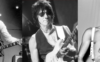 Composite of three portraits of Jeff Beck, British guitarist.